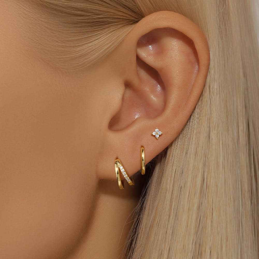 Double hoop gold earrings with diamond accent