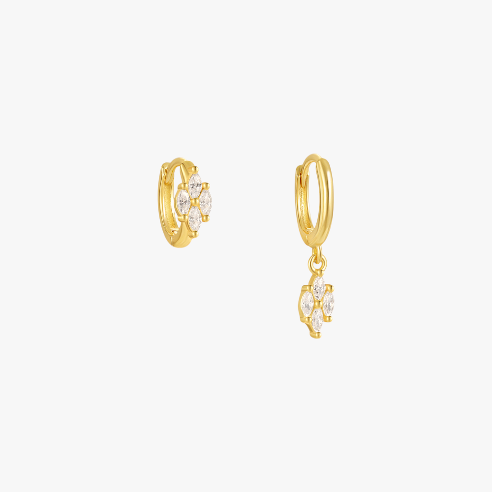 Gold flower drop earrings with diamonds, delicate and stylish.