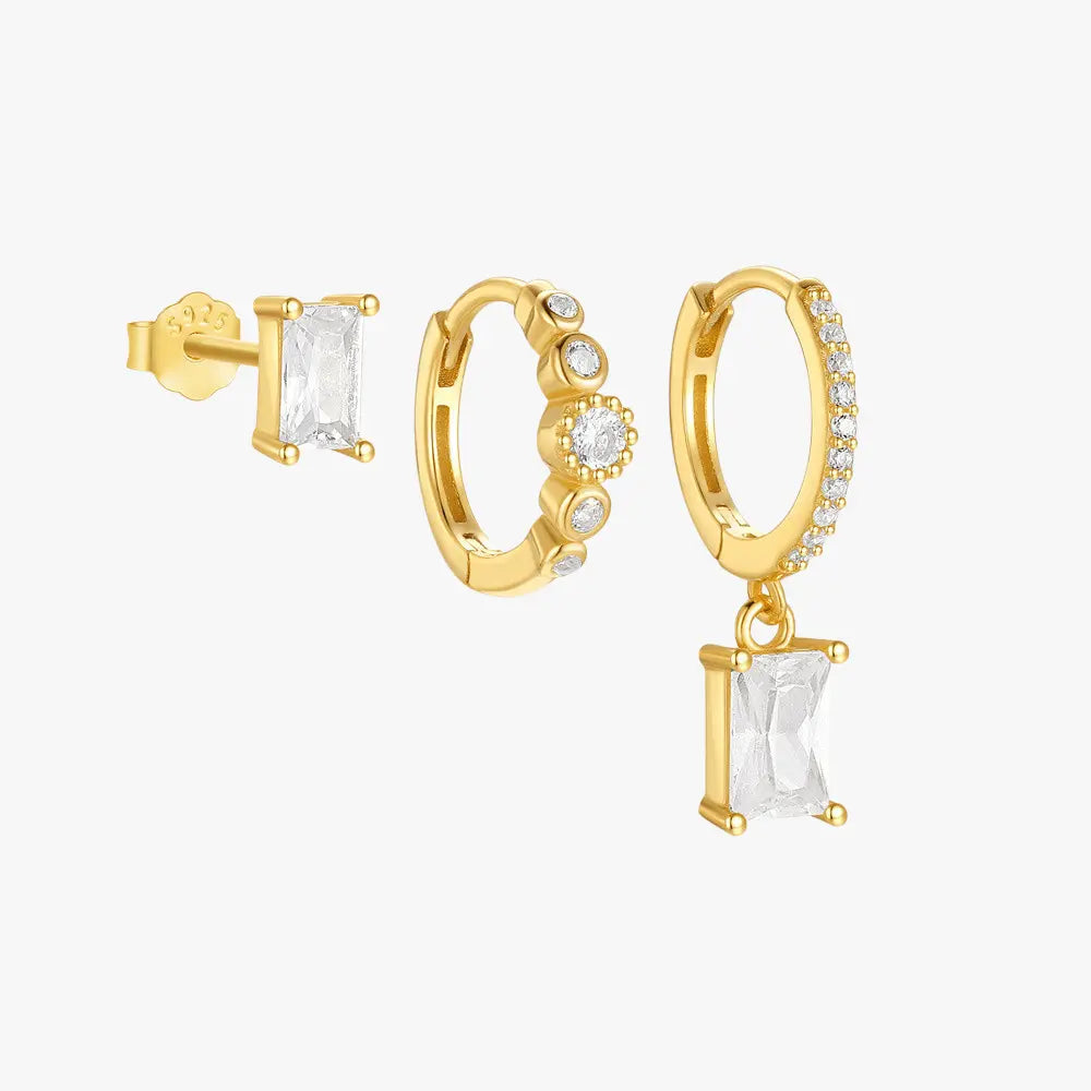 Geometric Zircon Earring Set with clear rectangular and round zircon stones in a gold finish.