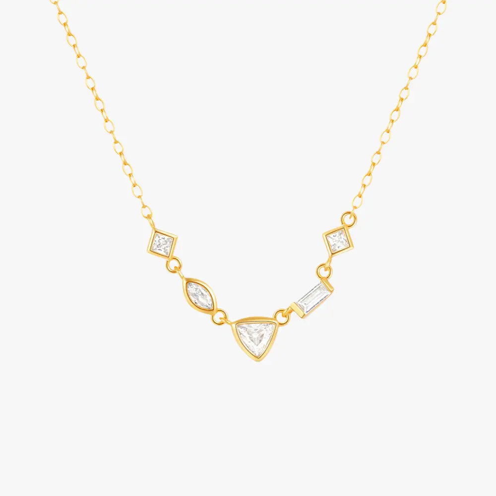 Gold necklace with geometric zircon pendants, unique modern design.