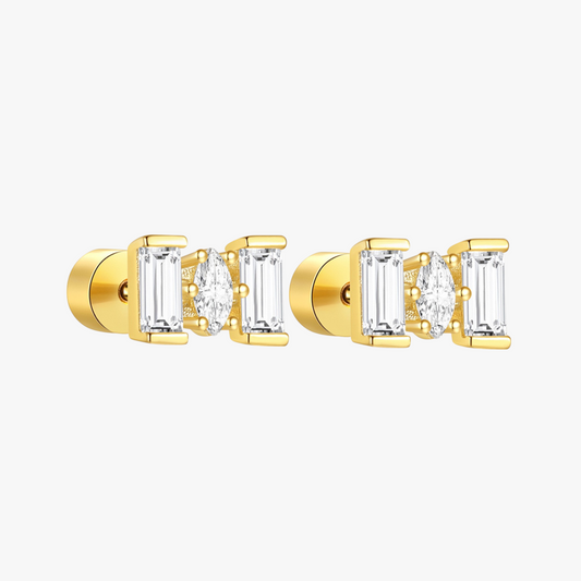 Elegant gold bar marquise stud earrings with zircon stones, perfect for everyday wear.