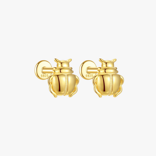 Trendy gold beetle stud earrings made of S925 sterling silver, perfect for insect lovers and unique jewelry fans.