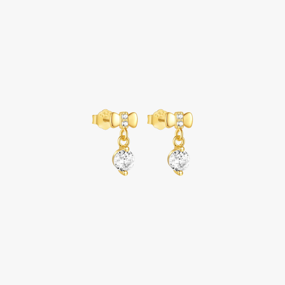 Gold bow stud earrings with sparkling crystal drop, a classy and feminine accessory.