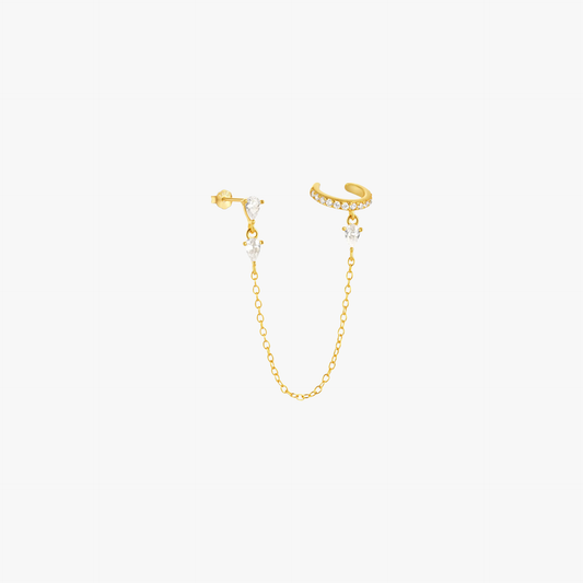 Gold chain cuff earrings with crystal and pearl accents, designed for a modern and chic style.