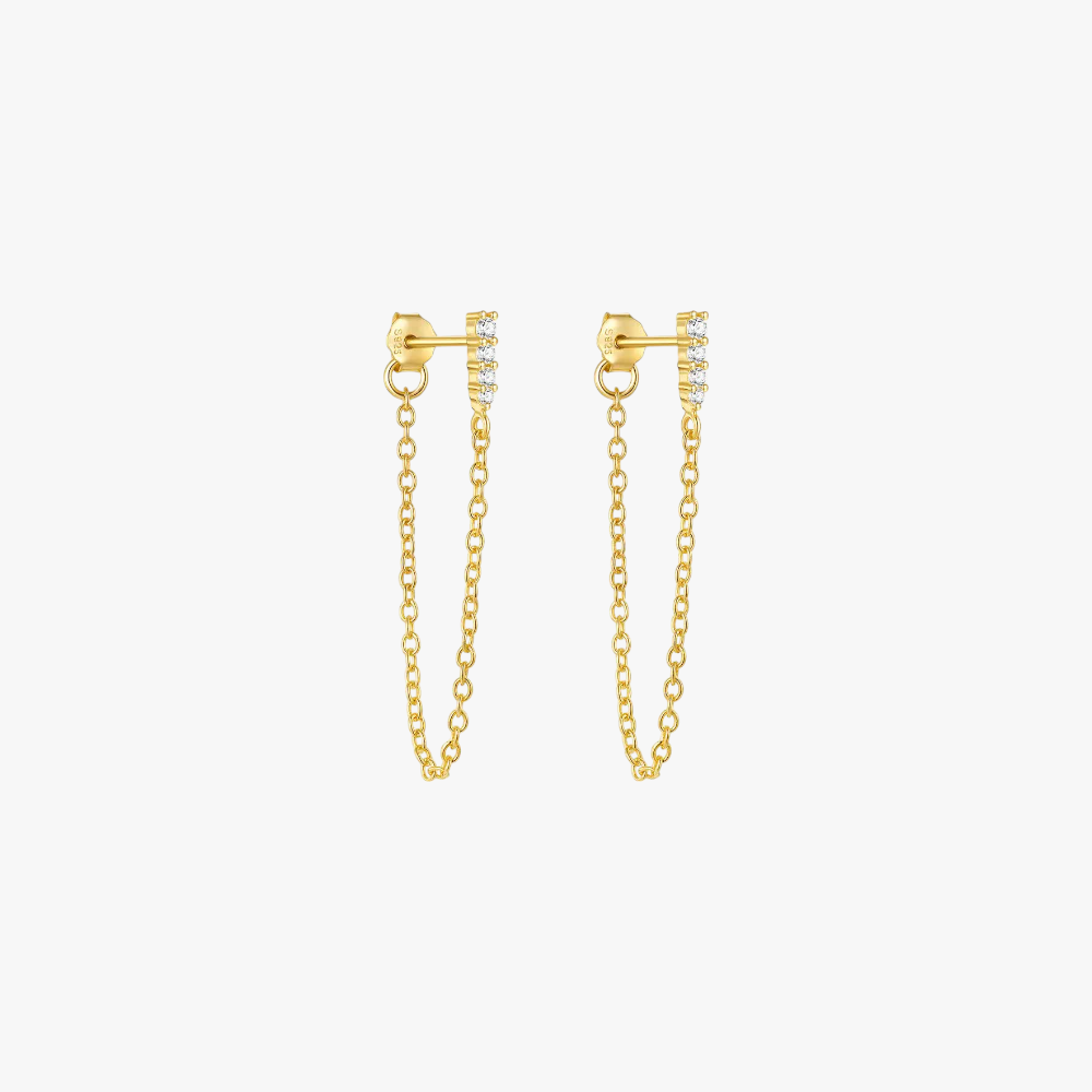 Delicate gold chain earrings adorned with pavé crystals, adding subtle sparkle to your ear stack.