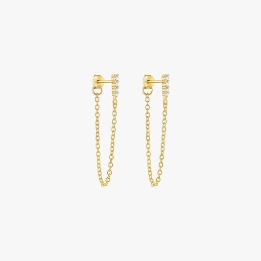 Delicate gold chain earrings adorned with pavé crystals, adding subtle sparkle to your ear stack.