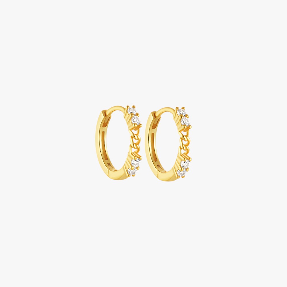 Gold chain link hoop earrings with diamonds, elegant hoop earrings for women.