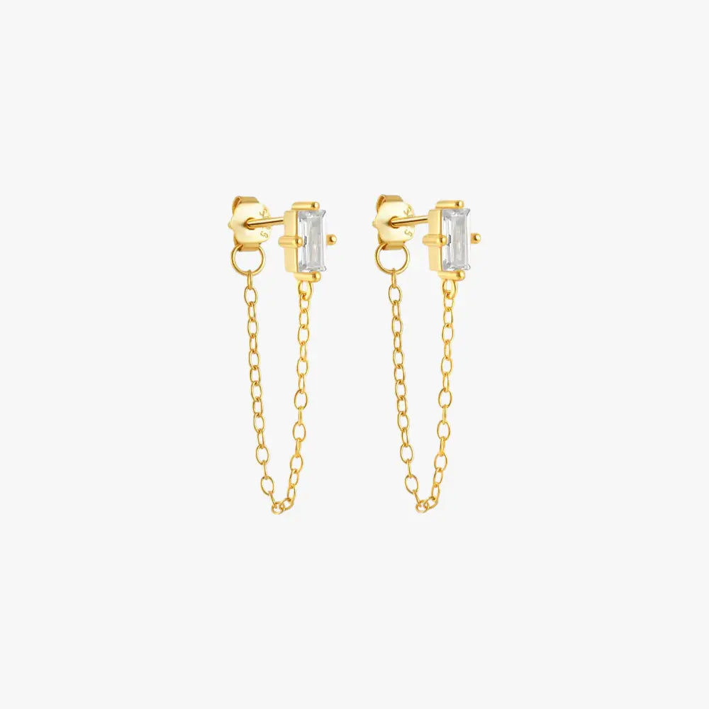 Stylish gold chain link earrings with rectangular crystal details, perfect for adding a modern edge to any outfit.