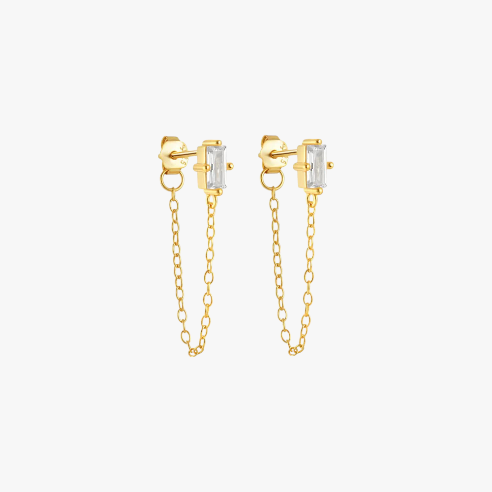 Stylish gold chain link earrings with rectangular crystal details, perfect for adding a modern edge to any outfit.