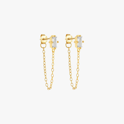 Stylish gold chain link earrings with rectangular crystal details, perfect for adding a modern edge to any outfit.