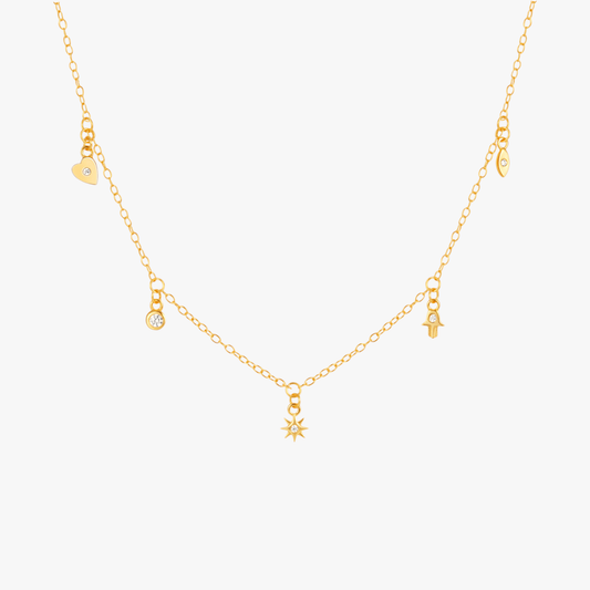 Gold necklace with hamsa, star, and heart-shaped charms, perfect for layering.