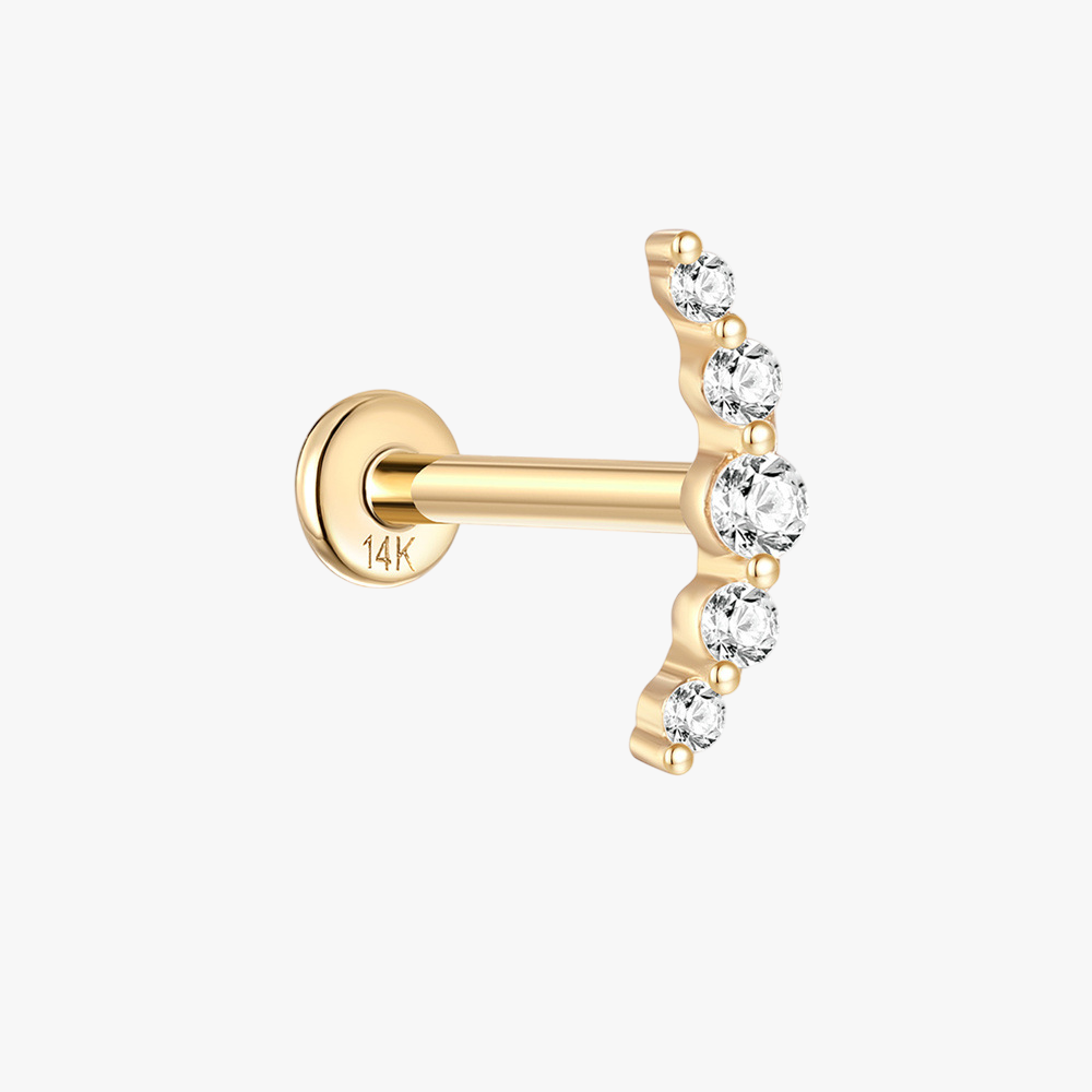 14K gold curved zircon stud earring with a unique climber design, perfect for helix or lobe piercings.