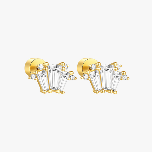 Gold fan-shaped zircon earrings in S925 sterling silver, lightweight and hypoallergenic, perfect for an elegant ear stack.