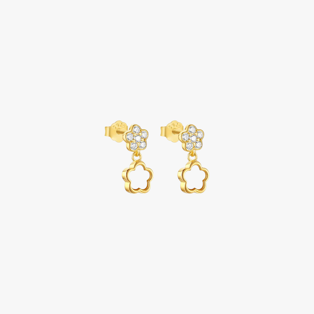 Gold floral design earrings with crystal drops, perfect for a touch of elegance.