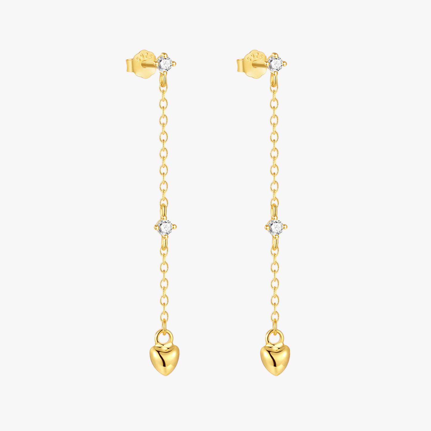 Delicate gold heart drop earrings with zircon accents, crafted in S925 sterling silver. Perfect for everyday elegance and special occasions.