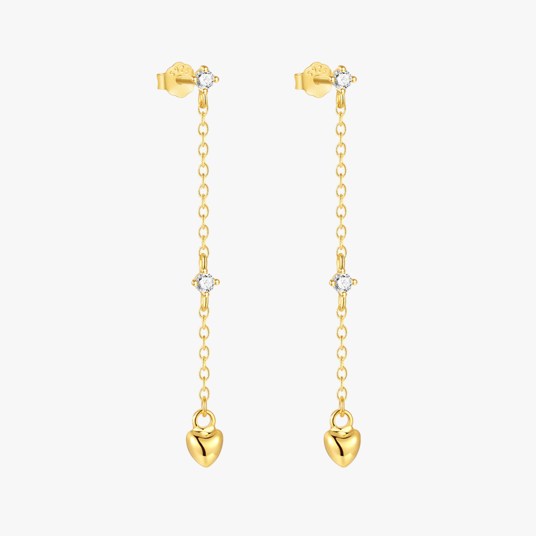 Delicate gold heart drop earrings with zircon accents, crafted in S925 sterling silver. Perfect for everyday elegance and special occasions.