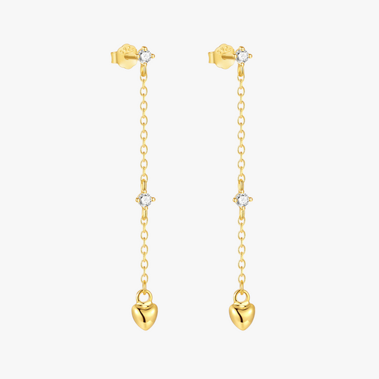 Delicate gold heart drop earrings with zircon accents, crafted in S925 sterling silver. Perfect for everyday elegance and special occasions.