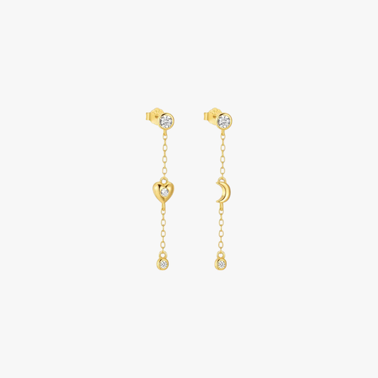 Gold heart and moon dangle earrings with crystal charm for a whimsical and romantic accessory.