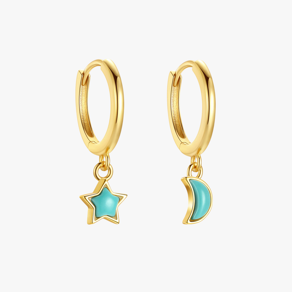 Gold Hoop Earrings with Moon and Star Turquoise Charms - 925 Sterling Silver Hypoallergenic Earrings for Women