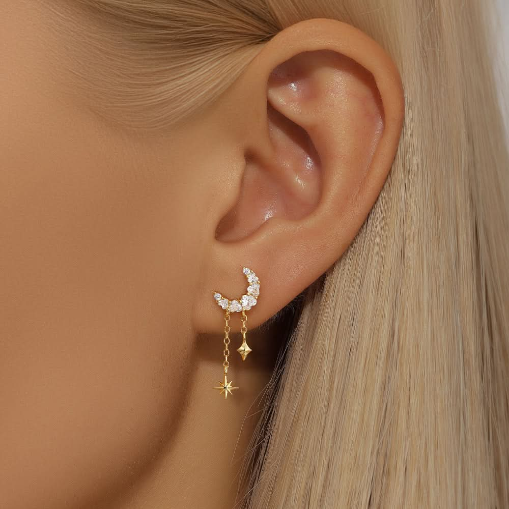 Gold leaf crystal chain ear cuff, S925 sterling silver with sparkling zircon stones, ideal for trendy women’s fashion.