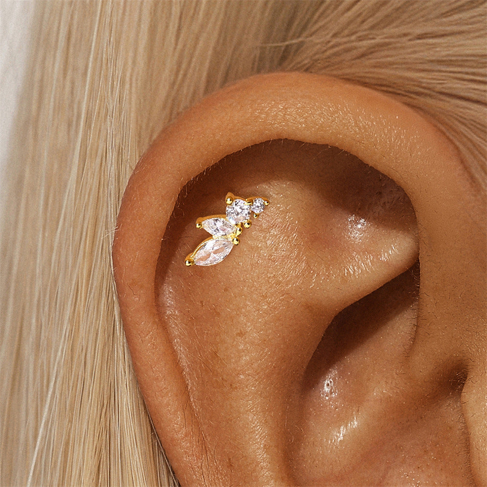 Stylish gold-plated S925 silver marquise crystal earring for helix or conch piercings, ideal for modern ear styling.