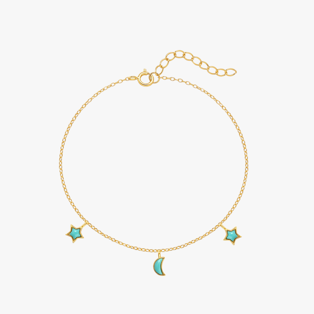 Gold Moon and Star Turquoise Bracelet - 925 Sterling Silver Dainty Charm Bracelet for Women, Elegant Jewelry Gift