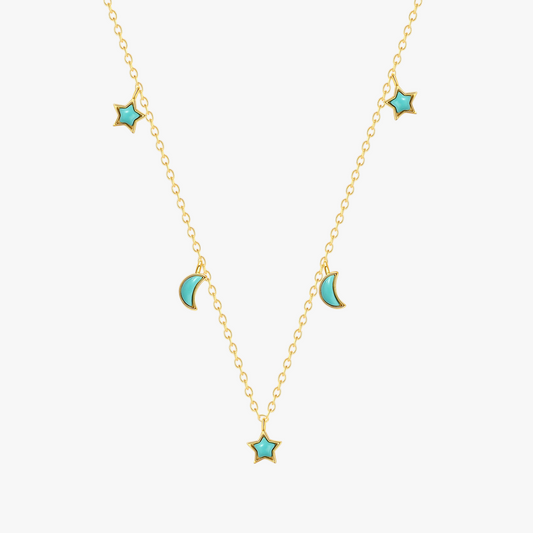 Gold Moon and Star Turquoise Necklace - 925 Sterling Silver Layered Pendant Necklace for Women, Celestial Jewelry Gift