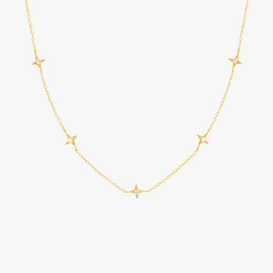 Gold necklace featuring multiple star pendants with diamonds, ideal for a celestial-inspired look.