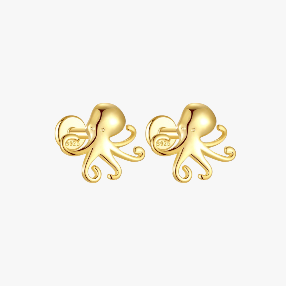 Cute gold octopus stud earrings in S925 sterling silver, a quirky ocean-inspired jewelry piece.