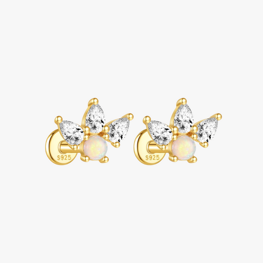 Delicate gold opal butterfly earrings, ideal for helix and lobe piercings.