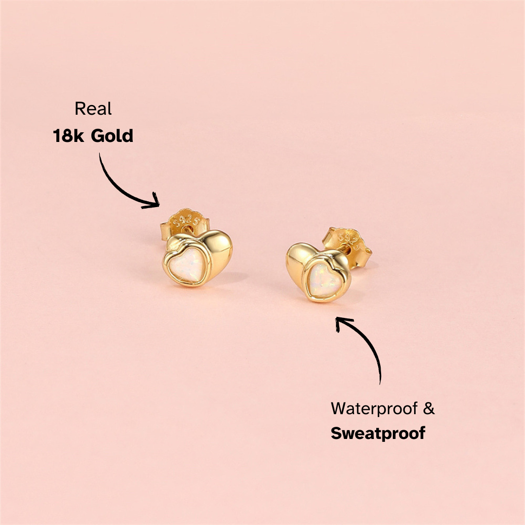 Gold opal heart jewelry set featuring a stud earrings, waterproof & sweatproof.