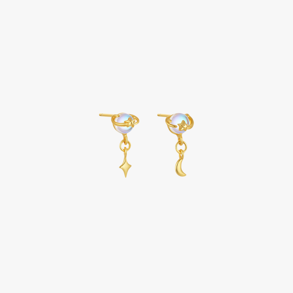 Gold opal moon and star dangle earrings for women.