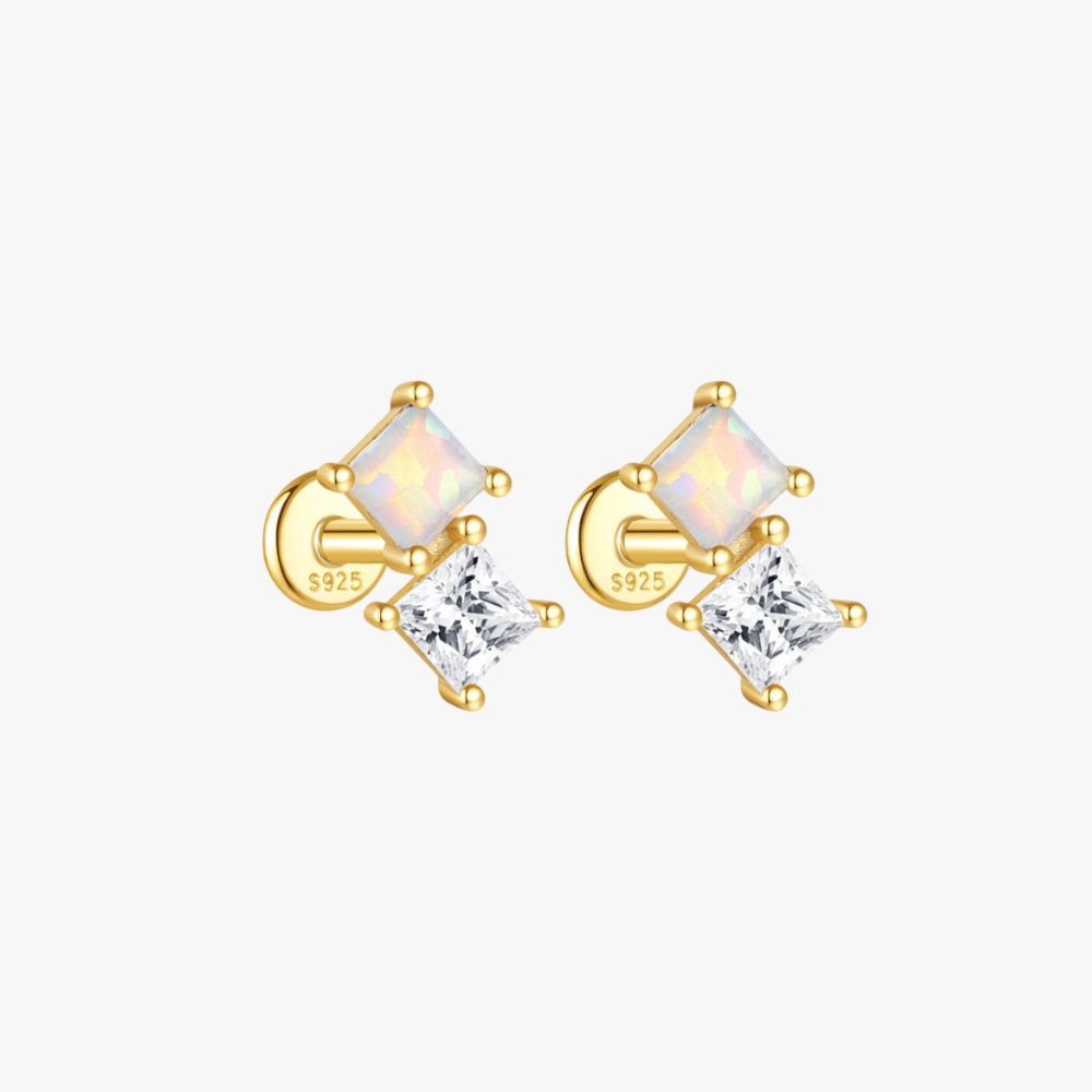 Gold opal and princess-cut zircon stud earrings, a dainty addition to any ear stack.