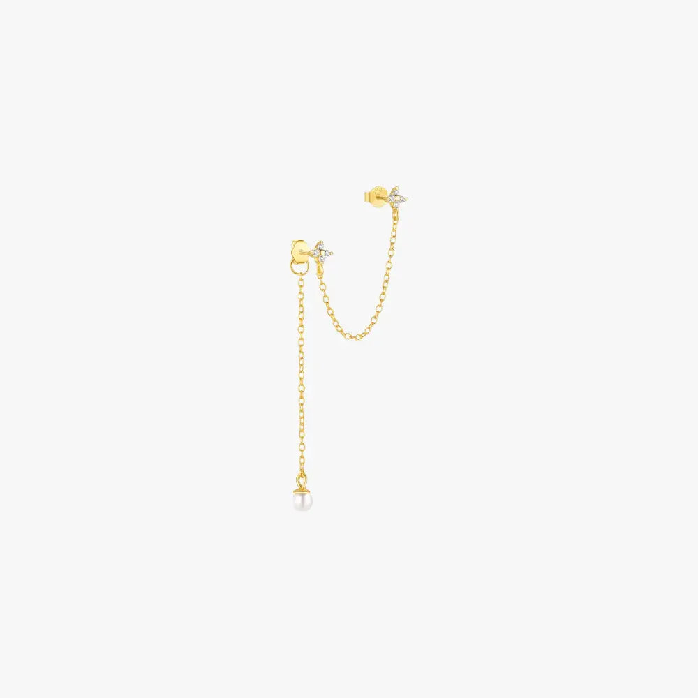 Gold chain earrings with pearl drop and crystal accents, adding sophistication to any look.