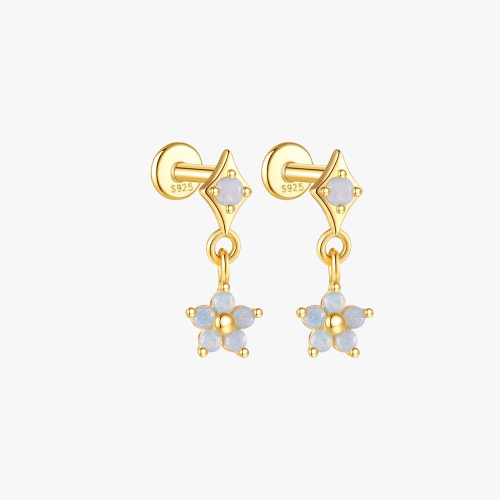 925 sterling silver gold-plated flower drop earrings with opal gemstones, elegant and minimalist jewelry for everyday wear.