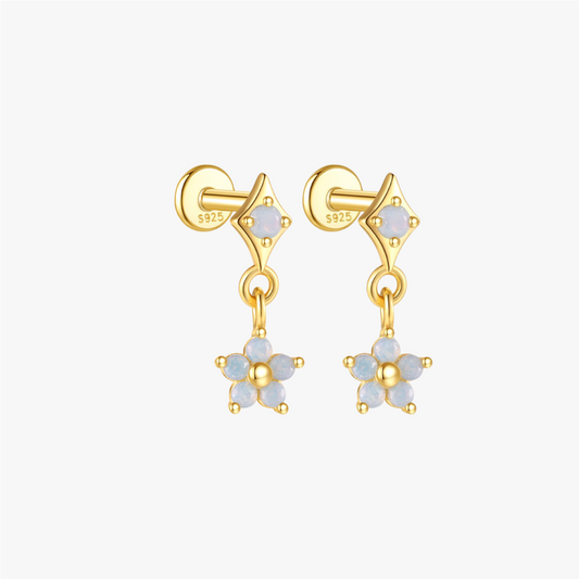 925 sterling silver gold-plated flower drop earrings with opal gemstones, elegant and minimalist jewelry for everyday wear.