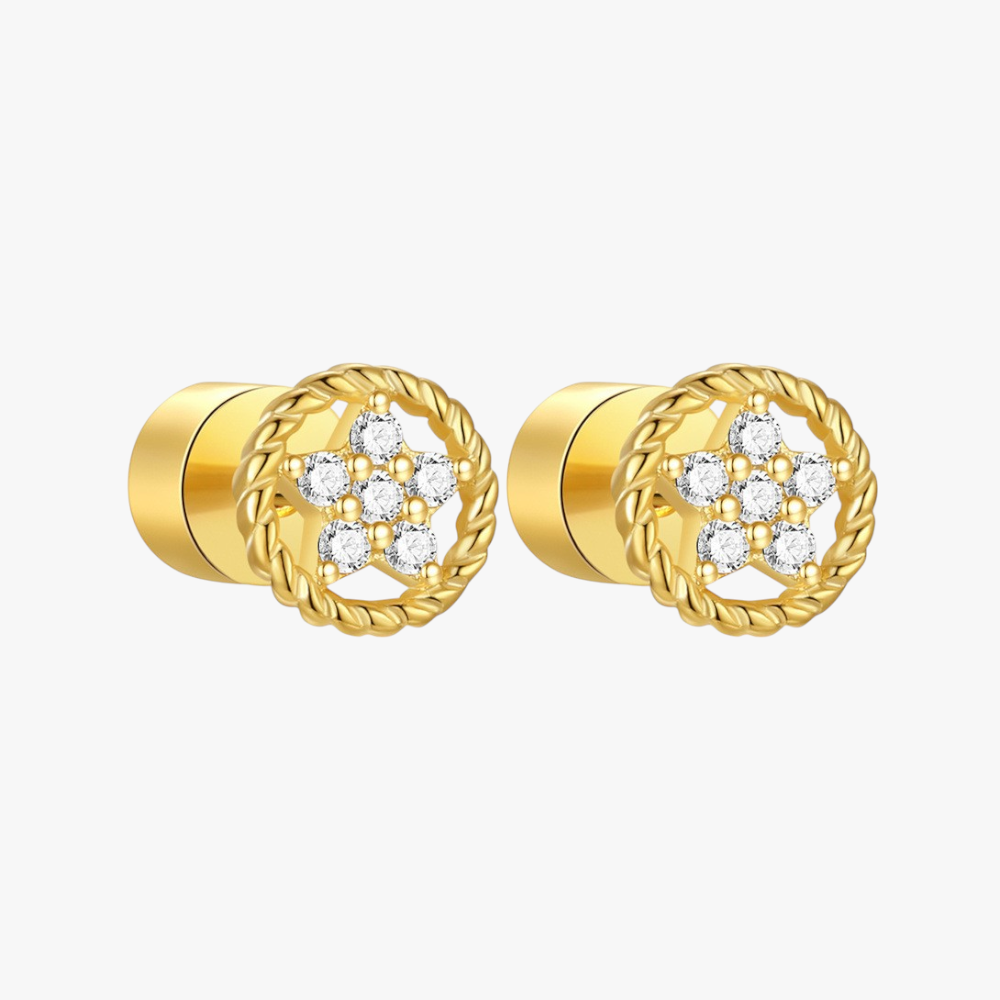 Gold-plated sterling silver starburst stud earrings with zirconia stones, perfect for everyday wear and ear stacking.