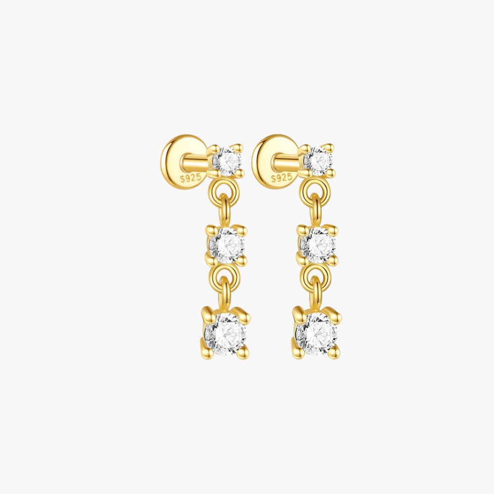 Gold-plated S925 sterling silver zircon drop earrings with three sparkling stones, perfect for elegant and timeless style.