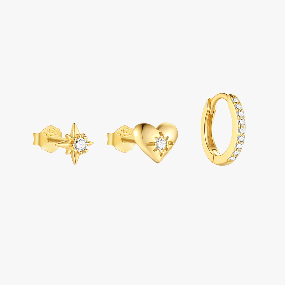 Gold-plated S925 sterling silver heart, star, and hoop earrings set for women. Minimalist zircon stud earrings for everyday wear.