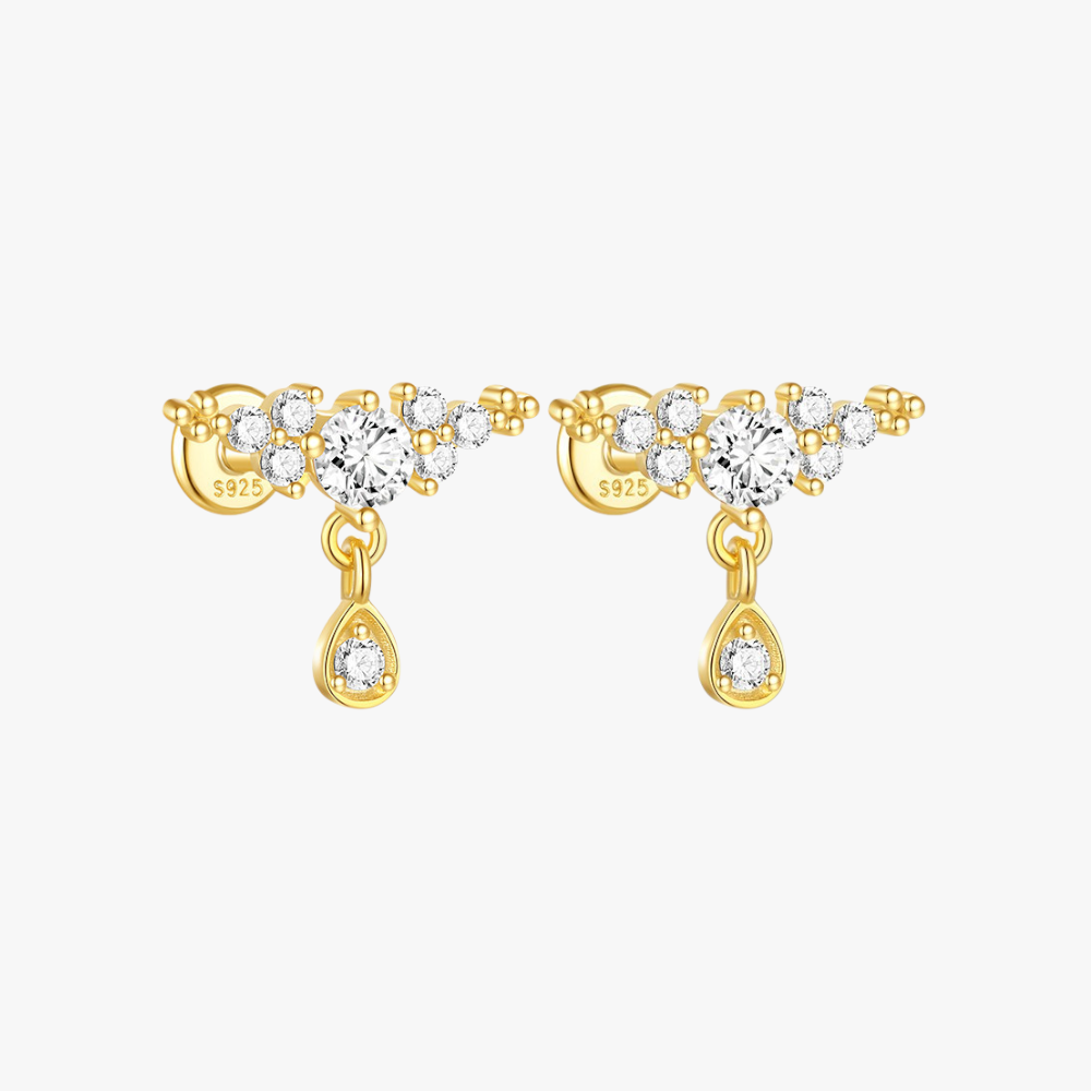 Minimalist gold S925 cartilage stud earring with a cubic zirconia teardrop charm, perfect for ear stacking looks.