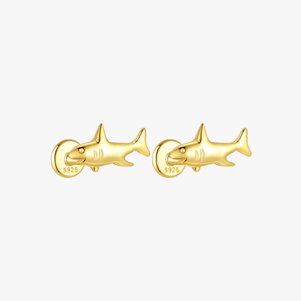 Unique gold shark stud earrings in S925 sterling silver, an edgy ocean-inspired design for stylish women.