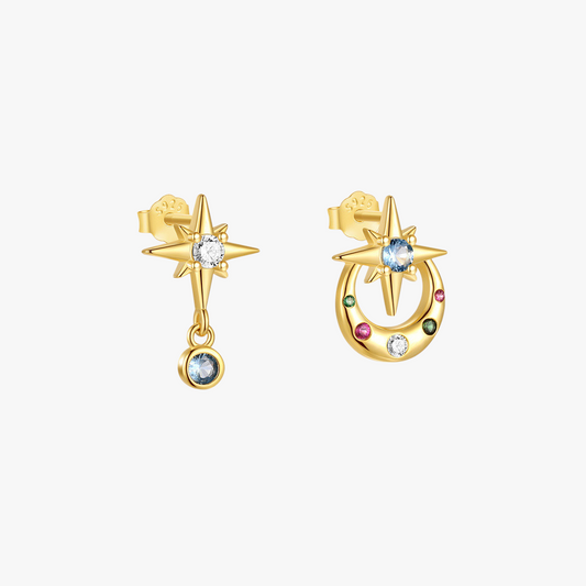 Gold star and moon stud earrings in 925 sterling silver with zircon gemstones. Perfect celestial earrings for women’s minimalist jewelry collection.