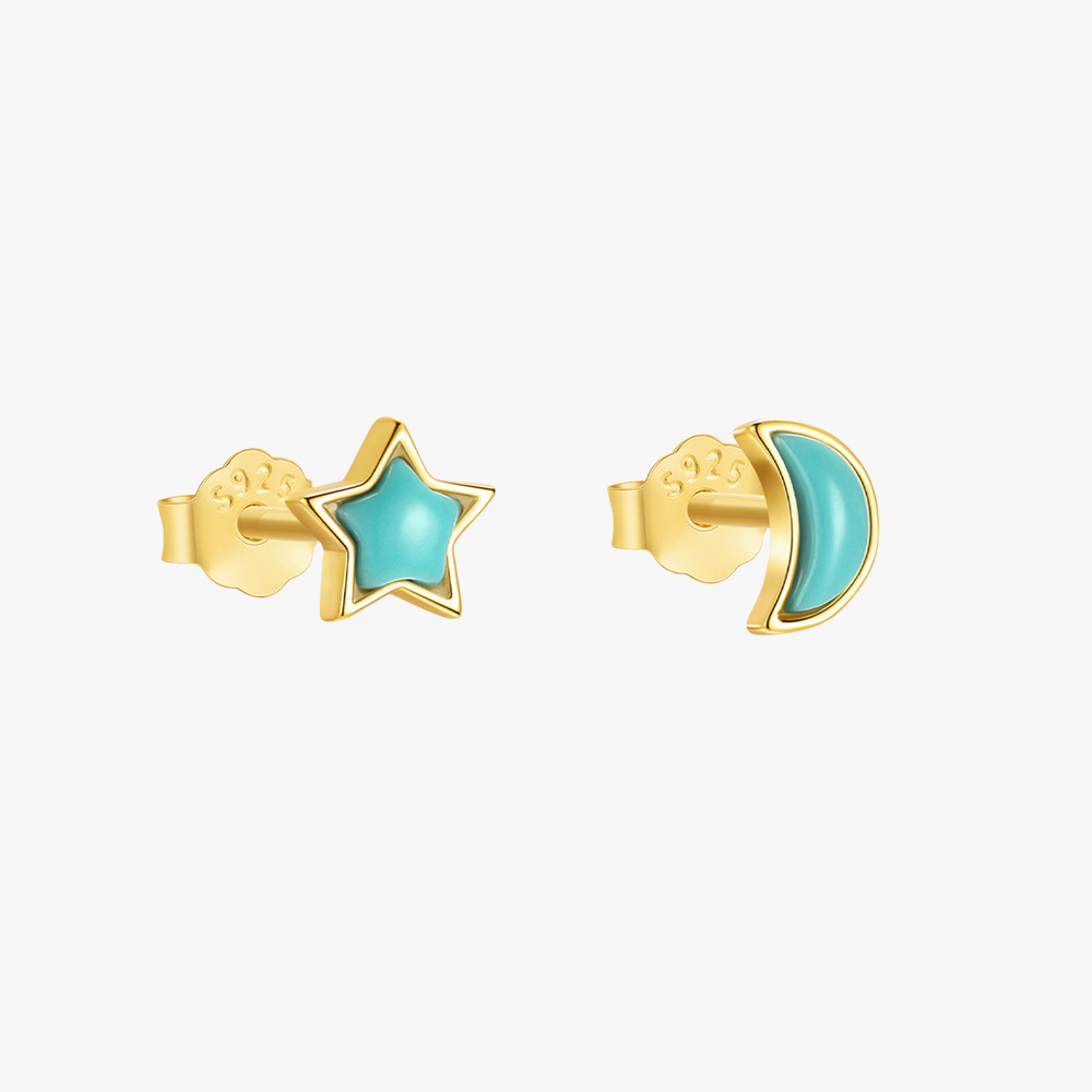 Gold Stud Earrings with Moon and Star Turquoise - 925 Sterling Silver Minimalist Hypoallergenic Earrings for Women