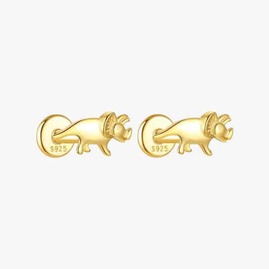 Playful gold triceratops stud earrings in S925 sterling silver, a must-have for dinosaur lovers and statement jewelry wearers.