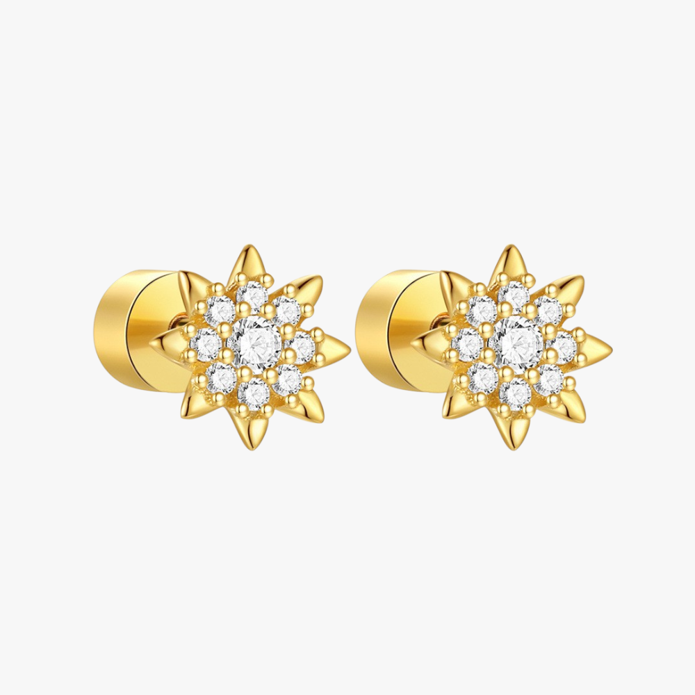 Gold sunburst stud earrings with sparkling zircon stones, perfect for everyday wear and stacking.