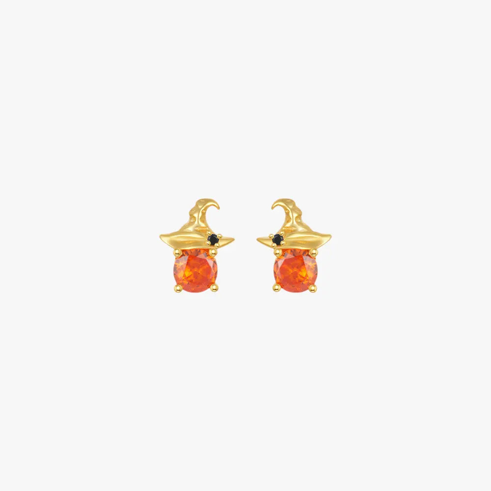 Halloween witch hat stud earrings in gold with orange stones