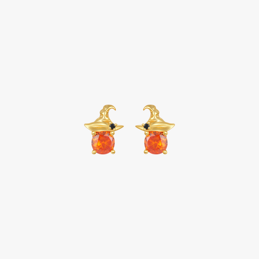 Halloween witch hat stud earrings in gold with orange stones