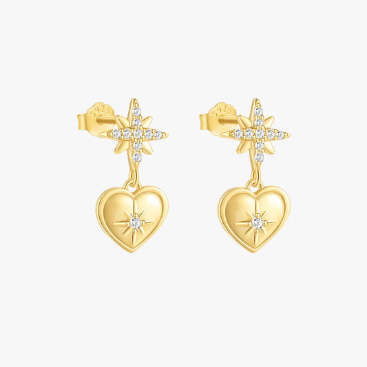 Elegant 925 sterling silver gold-plated heart earrings with a star design and zirconia details. Perfect for adding charm to your look.