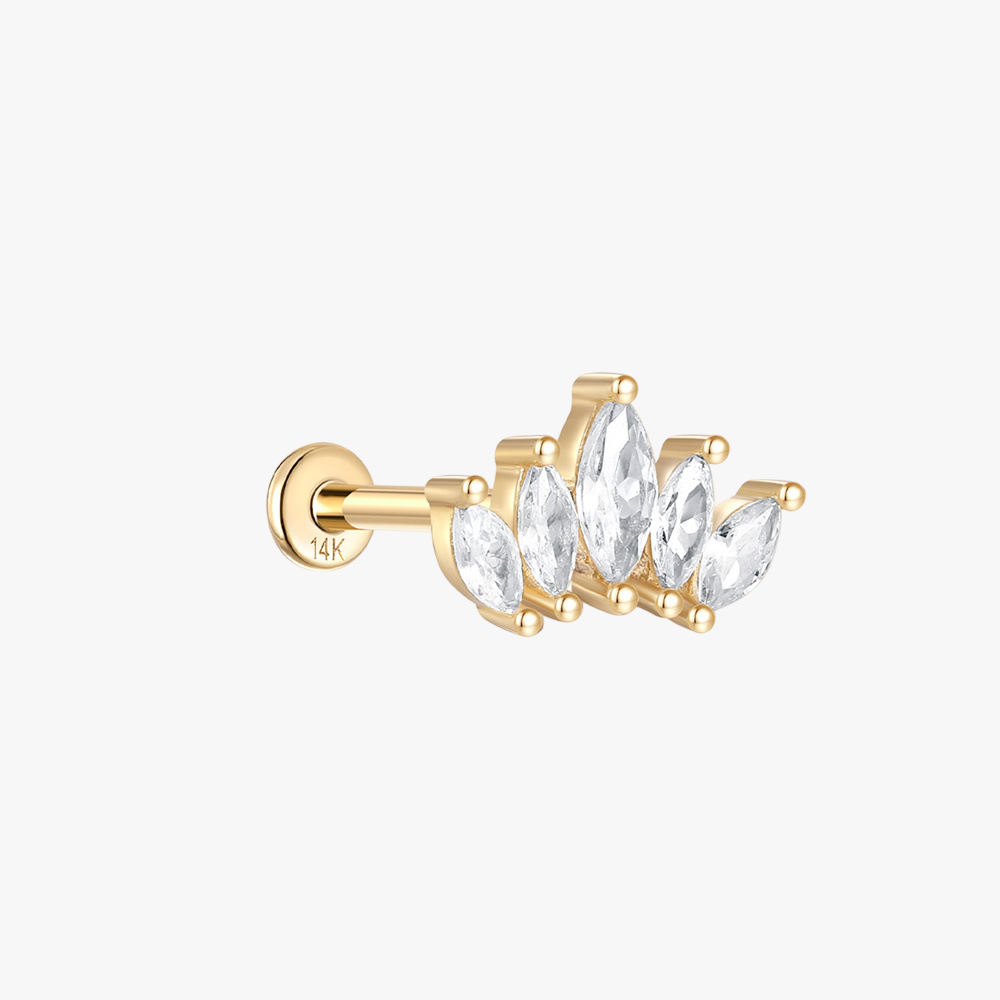 14K gold labret earring with marquise-cut zircon stones, creating a crown-like effect for a stylish ear stack.