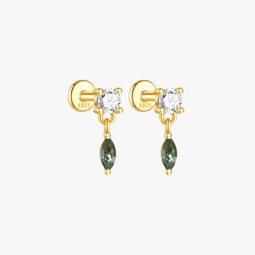 Marquise Moss Agate Dangle Stud Earrings - 925 Sterling Silver Gold Plated Elegant Jewelry with Cubic Zirconia